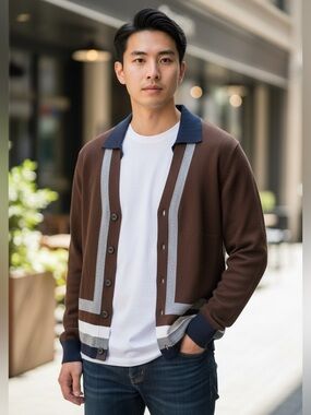 Ben Sherman Brown Cardigan with Navy Trim and Gray-White Accents